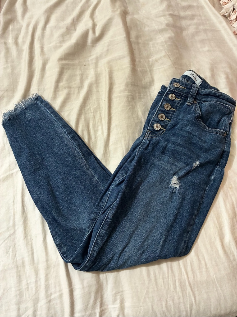 KanCan High-Rise Button-Fly Distressed Cropped Jeans - Denim Blue
